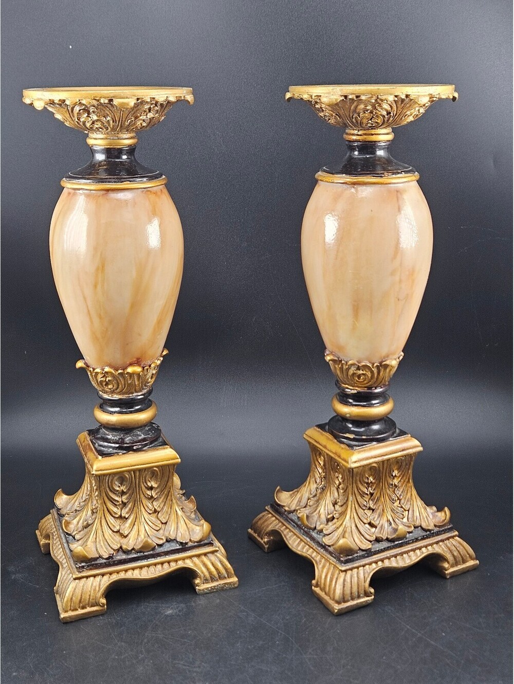 Vintage Neoclassical Faux Marble & Gold Leaf 13-Inch Candlestick Pair